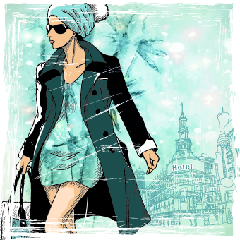 Winter girl with grunge background vector 03 winter grunge girl background vector background   