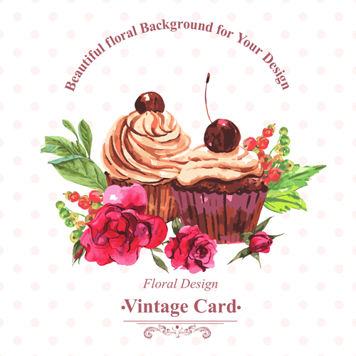 Watercolor cupcakes with vintage card vector 02 watercolor vintage cupcakes card   