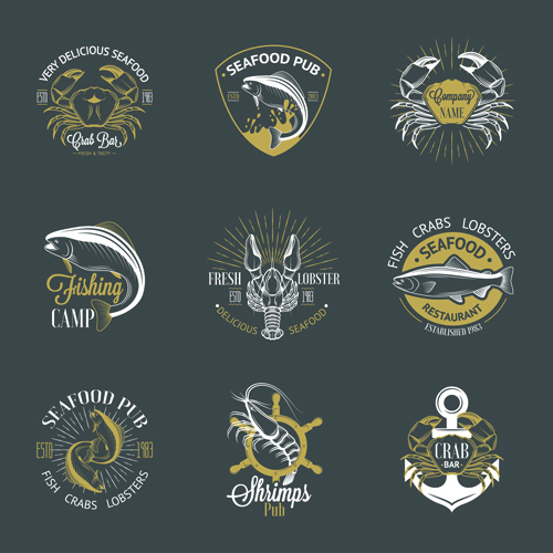 Sea food badges with labels vector set 01   