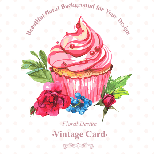 Watercolor cupcakes with vintage card vector 04   