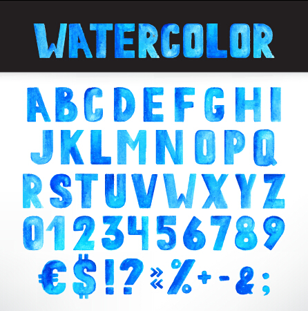 Watercolor alphabets with numbers and symbol vectors watercolor symbol numbers alphabets   
