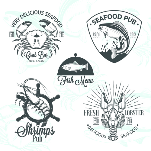 Sea food badges with labels vector set 02   