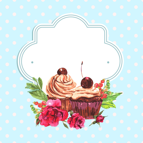 Watercolor cupcakes with vintage card vector 01 watercolor vintage cupcakes card   