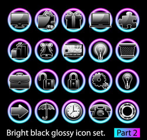 Set of Bright black glossy icon vector 02 icon glossy bright black   