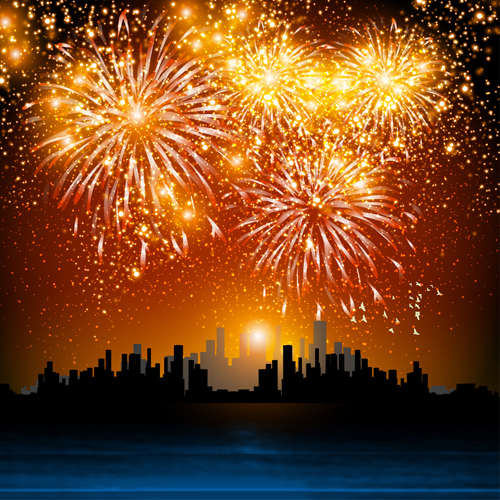 City night with fireworks vector background night Fireworks city   