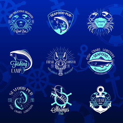 Sea food badges with labels vector set 03 sea labels food badges   