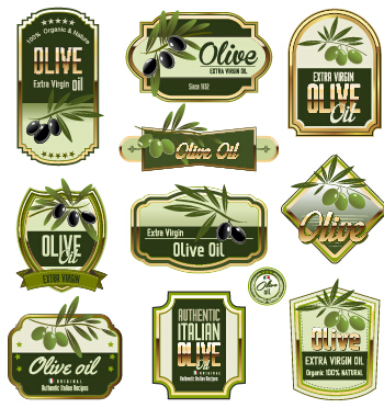 Green olive oil labels set vector 02 olive oil olive labels green   