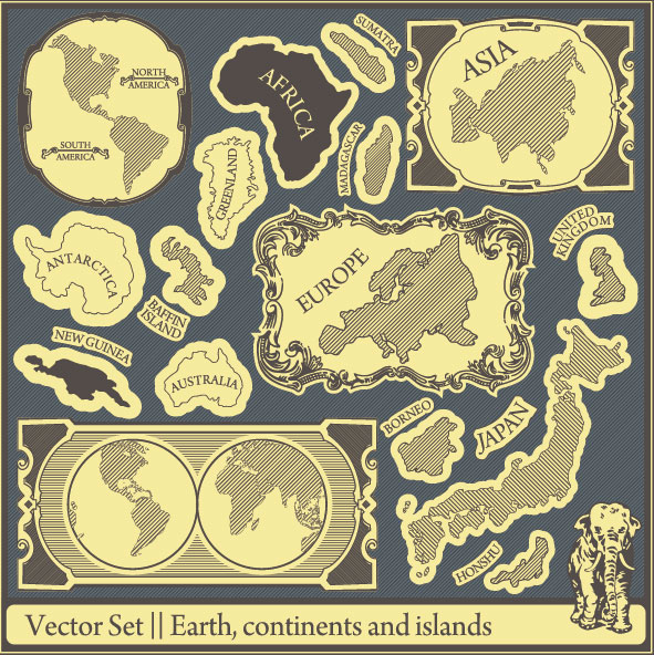 Retro Earth,continents and islands labels vector 01 Retro font labels label islands earth continents   