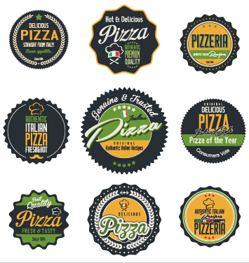 Colored pizza labels with badges retro vector 02 Retro font pizza labels colored badges   