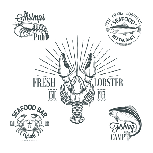 Sea food badges with labels vector set 07   