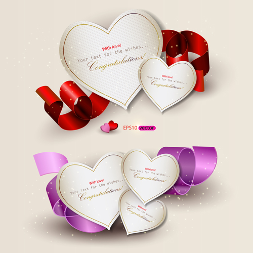 Heart and ribbons Valentine cards vector set 02 Valentine ribbons ribbon cards card   