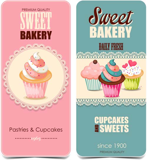 Vintage pastries with cupcakes cards vector vintage pastries cupcakes card   