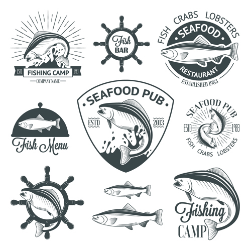 Sea food badges with labels vector set 06 sea labels food badges   