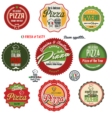Colored pizza labels with badges retro vector 01 pizza labels label colored badges   