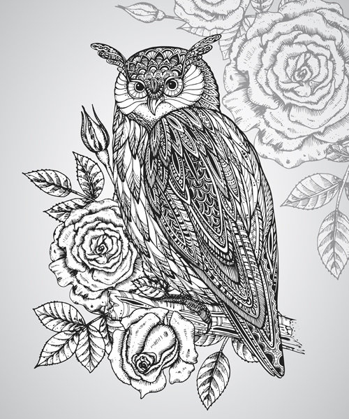 Owl with ornament floral vector 03 owl ornament floral Animal   