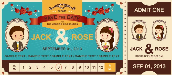 Cartoon style wedding ticket vector set 01 wedding ticket cartoon   