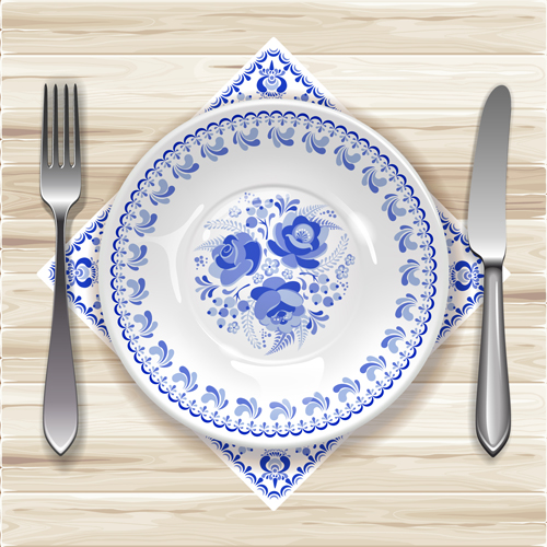 Realistic plates and cutlery vector set 04 realistic plates cutlery   