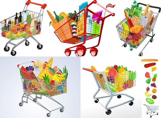 Supermarket shopping cart Vector vegetables trolleys supermarket design pictures fruits design cart bread   
