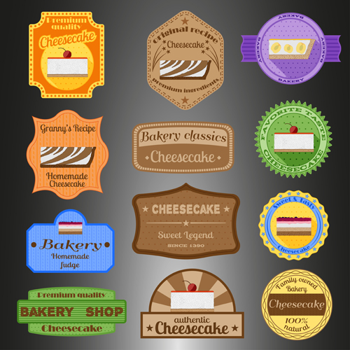 Cheesecake badges with labels retro vector Retro font labels cheesecake badges   