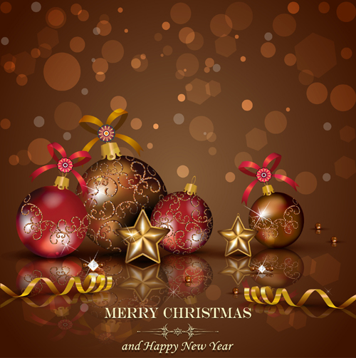 Christmas baubles with colored ribbon vector background ribbon christmas baubles background   