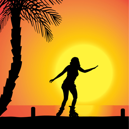 Rollerblading girl silhouetter with sunset background vector silhouette rollerblading background   