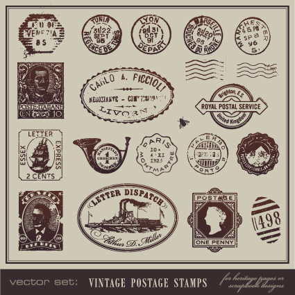Vector set of Vintage postcard with stamps elements 04 vintage stamp postcard elements element card   