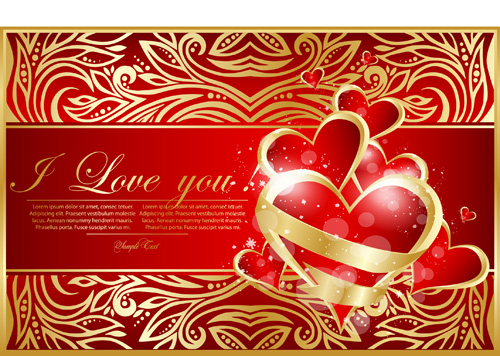 Golden floral Valentine card vector Valentine golden card   