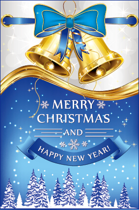 Golden bell christmas with new year blue bow background new year golden christmas bow blue   