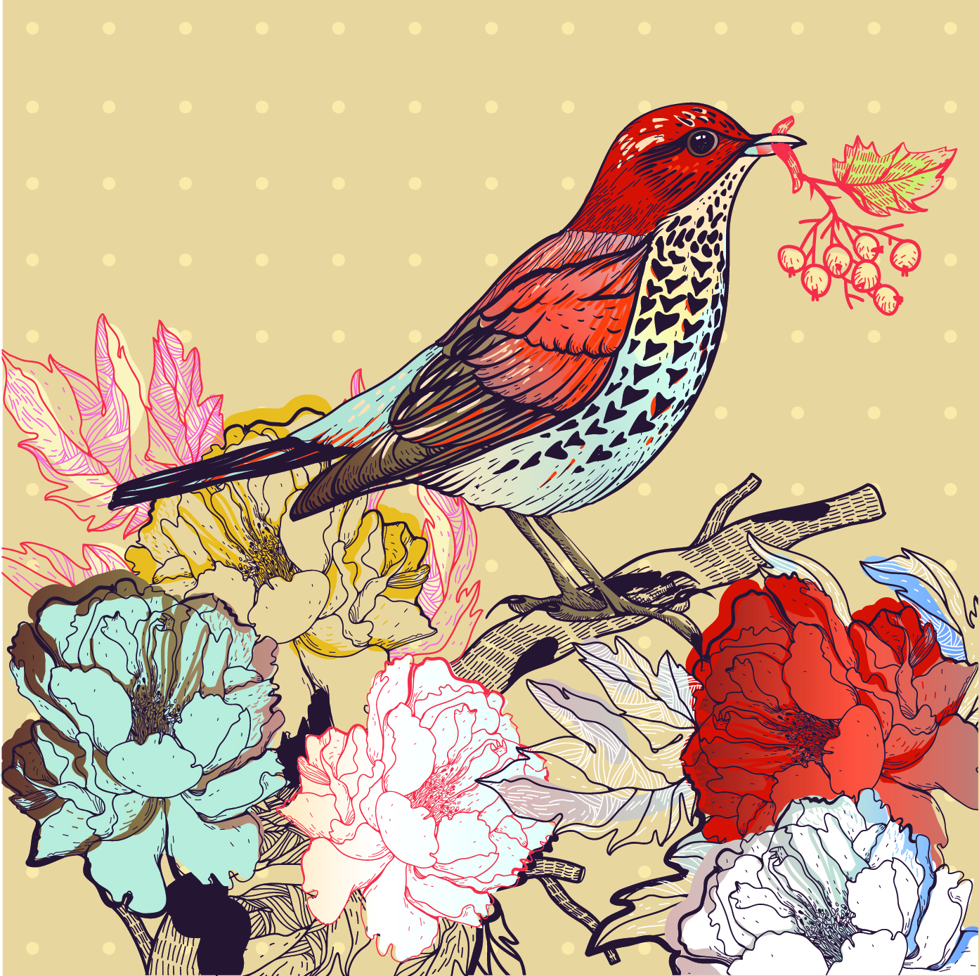 Hand drawn Floral Backgrounds with Birds vector 07 hand-draw hand drawn floral background floral birds bird   