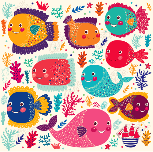 Marine elements and fish floral background vector 01 marine floral background floral fish elements   
