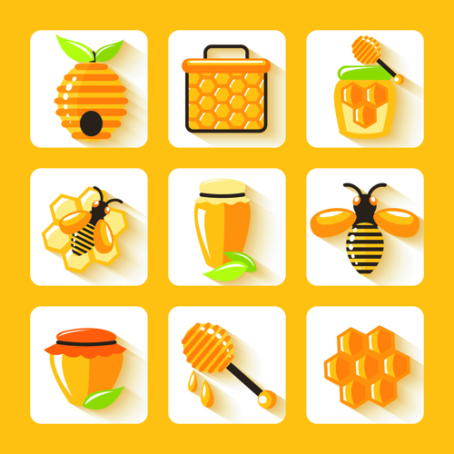 Shiny bee honey icons vector material shiny icons honey   