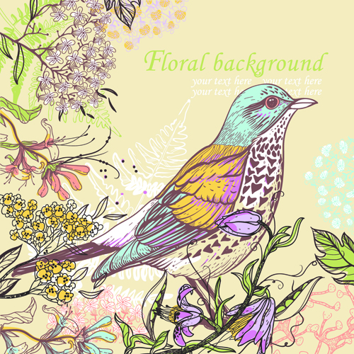 Hand drawn Floral Backgrounds with Birds vector 06 hand-draw hand drawn floral background floral birds bird   