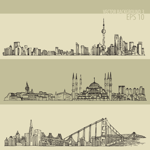 Hand drawing city retro background vector 03 Retro font Hand drawing background vector background   