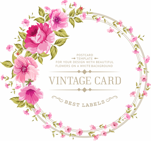 Pink flowers with vintage cards vectors 01 vintage pink flowers flower cards   