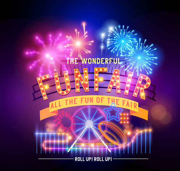 Shiny funfair poster with fireworks vector shiny poster funfair Fireworks   