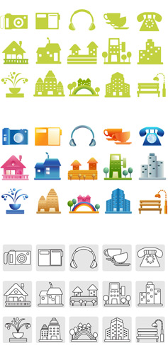 female color icon 2 vector villas telephone rainbow Many-storied buildings lamps houses fountain earphone digital camera computer coffee cup chairs buildings benches   
