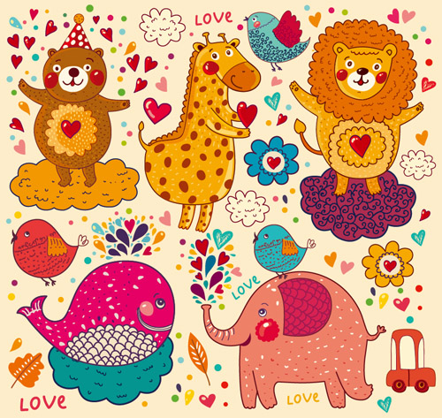 Cartoon animal with love elements vector set 01 love elements cartoon Animal   