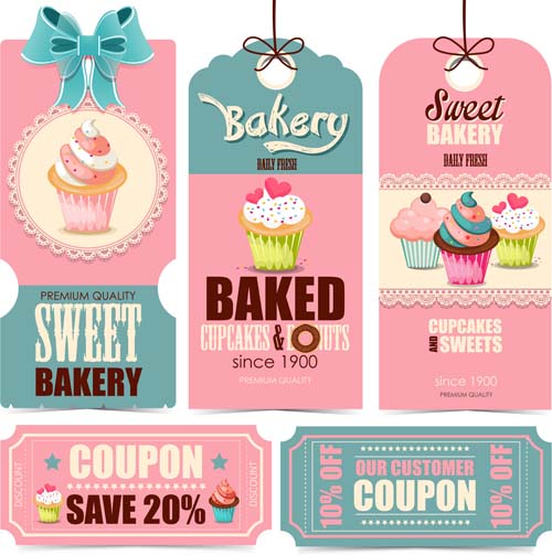 Cupcake tags with card and coupon vector tags cupcake coupon card   