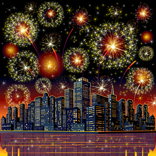 Golden fireworks with city vector golden Fireworks city   