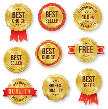 Golden premium quality labels with red ribbon vector 02 ribbon quality premium labels golden   