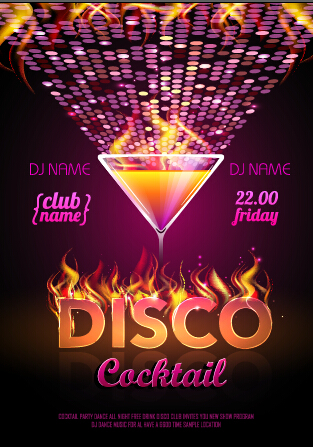 Cocktail disco night party poster vector set 01 poster party disco cocktail   