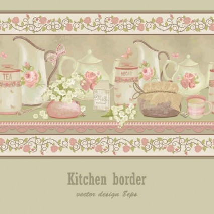 kitchen border with ping flowers vecror shiny serving dishes card   
