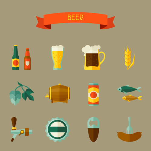 Flat style beer icons with ribbon vector ribbon icons design beer   