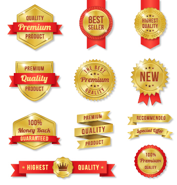Golden premium quality labels with red ribbon vector 01 quality premium labels golden   
