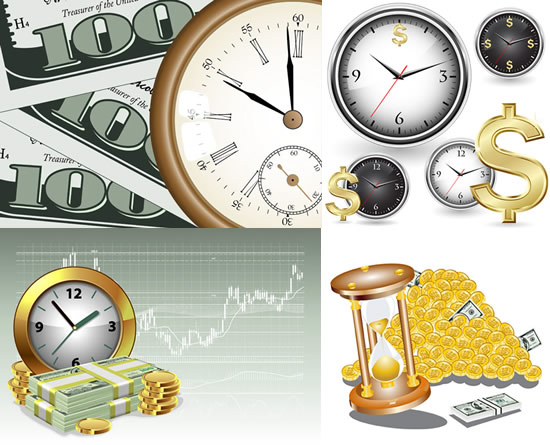 Time and money in business vector watches and clocks paper money hourglasses financial background pictures coins charts business background   