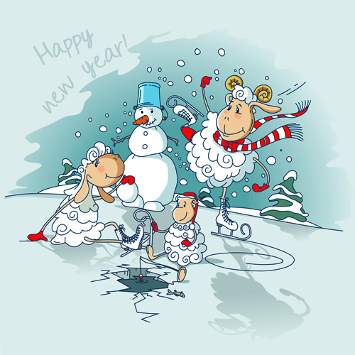 Cute sheeps with snowman new year background snowman sheep new year cute background   