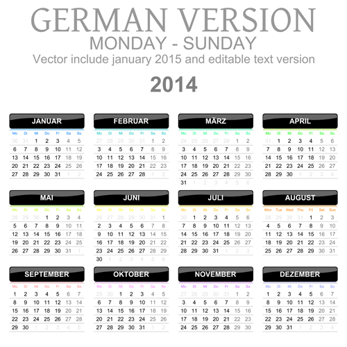 German Version Calendar 2014 vector set 05 version German calendar 2014   