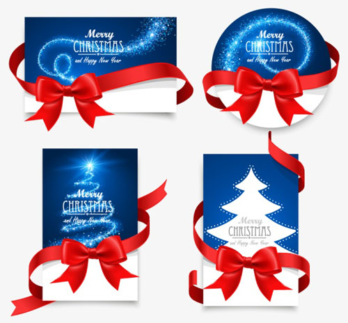 Christmas cards with red ribbon bow vector material ribbon christmas cards   