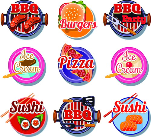 BBq pizza with ice cream and sushi burgers vector labels Sushi pizza labels ice cream cream burgers BBQ   