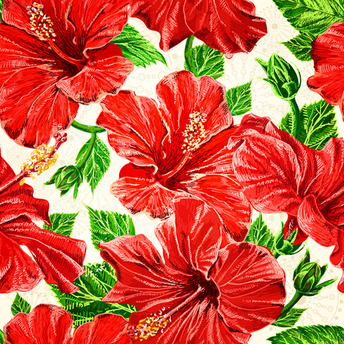 Green leaves with red flowers vector seamless pattern seamless red pattern leaves green flowers   